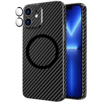 Funda Magnética de Carbono para iPhone 12 con Protector de Cámara Negro/Gris