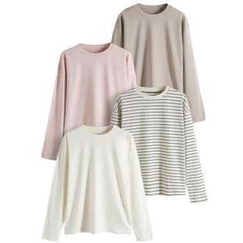 Relaxed Long Sleeve T-Shirt-Set in Taupe – Braun, Creme, Rosa, Schwarz & Creme Streifen (4‑Pack)