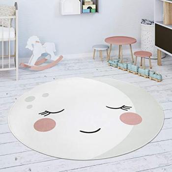 Couchage ludique pour enfants – tapis rond 150 cm, design lunaire – blanc cassé