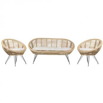 Set Divano 4 Posti in Rattan Naturale Beige Chiaro con Cuscini in Cotone per Interni ed Esterni Resistenza Media Stile Boho Maratea