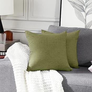 Spinach Green Square Pillowcases by Deconovo, Faux Linen Material with Concealed Zipper, Two 16x16 Inch Covers