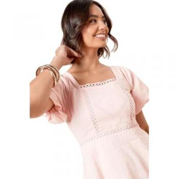 Embroidery Front Square Neck Top in Pink (Size 12)