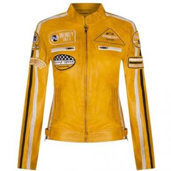 Women’s Leather Badges Biker Jacket – Agadir, Yellow, UK 22