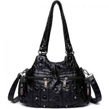 Bolso Cuero Falso Mujer Remachado Vintage Negro Estilo Hobo Moderno