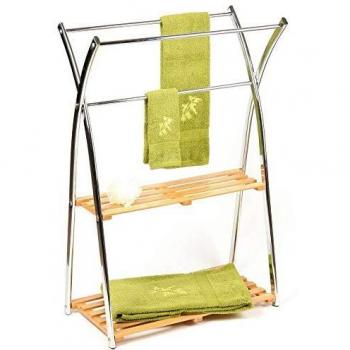 Rangement salle de bain : porte serviettes en bambou avec 3 barres et 2 étagères