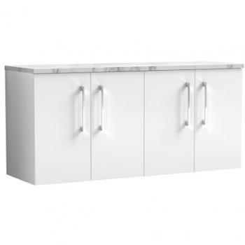Nuie Arno 1200mm Gloss White Wall Hung Vanity Unit with Carrera Marble Worktop and Soft Close Doors