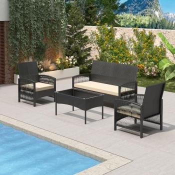4pc Black Rattan Garden Seating Set with Coffee Table