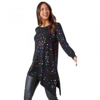 Women's Longline Metallic Spot Asymmetric Jumper – Roman Style, Size 20, Black
