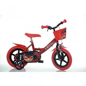Bicicletta per bambina di 3-5 anni con telaio blu, sella rossa e adesivi di Ladybug Miraculous