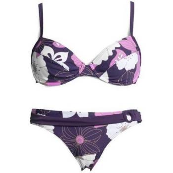 Bügel-Bikini LASCANA Gr. 42, Cup D, lila (lila, bedruckt) Damen Bikini-Sets florales Design, Bikini-Hose mit Vordermieder, Hose Ziergürtel