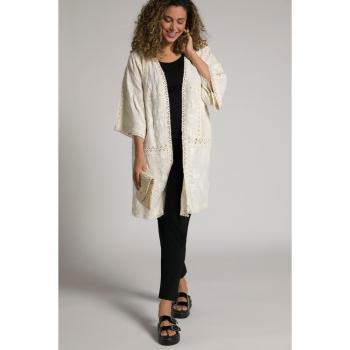 Plus Size Open Front Kimono with Embroidery and Ribbon Trim in Yellow for Women, Sizes 24-30, Polyester/Cotton/Linen