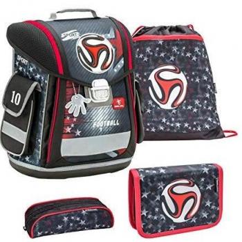 Belmil ergonomischer Schulranzen Set 4-teilig für Jungen, grau, rot, Fußball