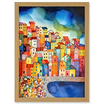 Artery8 Menton Seaside Town Folk Art A4 Print in Light Oak