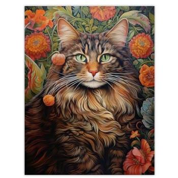 Floral Norwegian Forest Cat Canvas: Detailed Portrait with Garden Blooms – Wall Decor