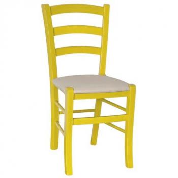 Gelber Holzstuhl mit Kunstlederbezug in Beige
