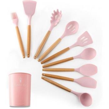 Set de cuisine en silicone avec spatule et cuillère à soupe en bois rose
