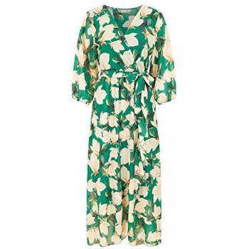 Yumi Green Floral Wrap Midi Dress with 3/4 Sleeves