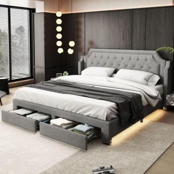 Letto Imbottito 180200 Lino Grigio Okwish – Rete a Doghe, Led, 2 Cassetti