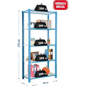 Rayonnage Bureau Simon Rack 2000x900x300mm 5 Niveaux Blanc et Bleu
