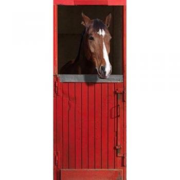 Trompe l'oeil porte adhésif cheval rouge décoration murale