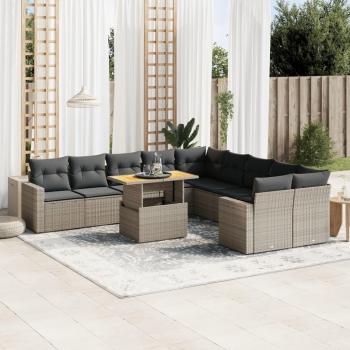 11-Piece Grey Poly Rattan Outdoor Sofa Set with Cushions