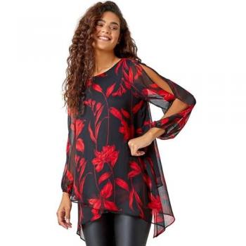 Tunique Florale Rouge en Chiffon Roman