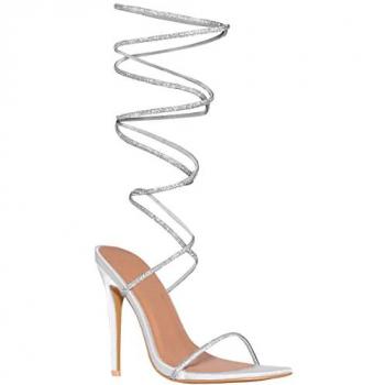 Ophelia Diamante Strapped Tie‑Leg High Heel – Moon Silver Satin, UK 3