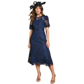Sleek Navy Lace Midi Dress featuring a Bow Belt – Size 8