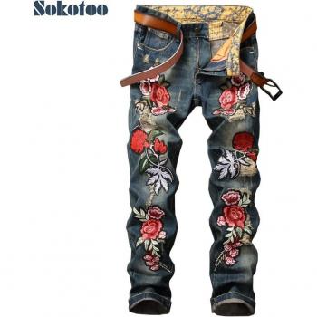 Sokotoo Herren Zerrissene Jeans mit floralem Design