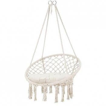 Fauteuil Suspendu avec Coussin, Beige, Style Boho, Design Macramé, Coton, Ø 60 cm, Supporte jusqu'à 120 kg, Franges Tressées, Siège