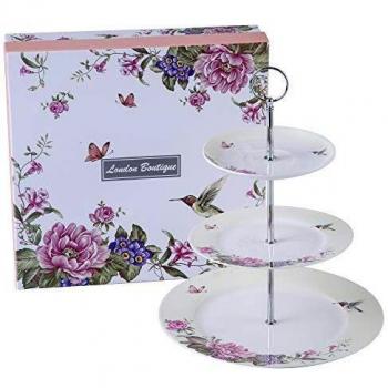 3-Tier Cake Stand with Porcelain Bird, Rose & Butterfly Design for Afternoon Tea