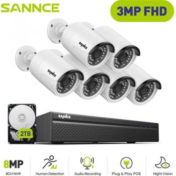 SANNCE Sicherheitssystem: 3MP NVR + 6 Smart IR Kameras, 2 TB HDD – 24/7 Überwachung