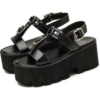 Sandalias negras de tacón alto para mujer, con hebilla decorativa y plataforma, modelo SWC1002