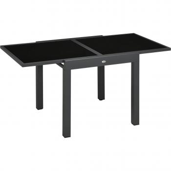 Outsunny Mesa de Jardín Extensible de Aluminio Mesa de Comedor Rectangular con Encimera de Vidrio Templado Carga 50 kg para Terraza 80-160x80x75 cm Negro