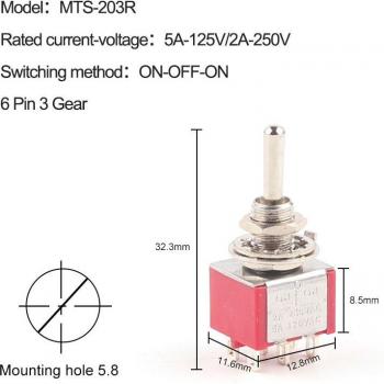 5PCS Miniature Toggle Switch MTS-203 ON-OFF-ON 5A125V 2A250V 6mm