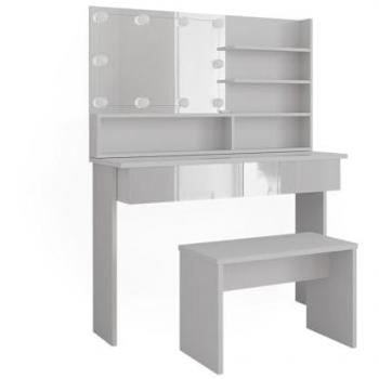 Coiffeuse Azur Pratique, 120cm, avec Étagère Miroir, Banc & Éclairage LED, Blanc Brillant