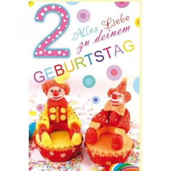 Geburtstagskarte für den 2. Geburtstag mit bunten Motiven