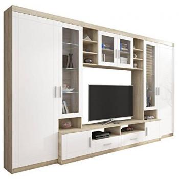 Módulo de salón Tucson 108, Roble Sonoma + Blanco, Sólido, Con mesa de tv, Vidrio, MDF, Aglomerado laminado, 198x340x44cm
