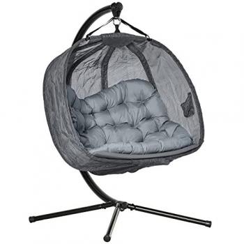 Outsunny Double Hanging Egg Chair 2 Seaters Texteline Swing Hammock Chair with Stand, Cushion and Folding Design, for Indoor and Outdoor, Grey