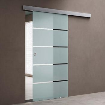 Porta Scorrevole Vetro Temperato 8 mm Opaco a Strisce – Sistema Binario Alluminio Cromato – Kit Parete – 77,5x205 cm