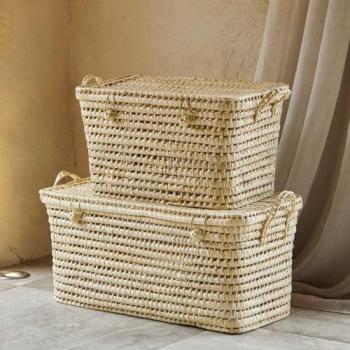 Malle de rangement en osier naturel avec motifs de feuilles de palmier