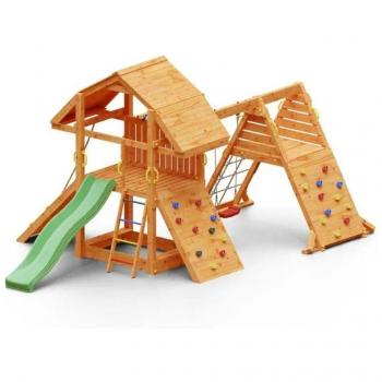 Fungoo Aire de jeux bois pin, toboggan vert, 4 rampes & bac à sable Marron