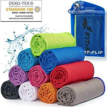 Mikrofaser Kühlhandtuch für Sport & Fitness, als kühlendes Handtuch für Laufen, Trekking, Reise & Yoga, dunkel blau-neon grüner Rand, Größe: 100x30cm