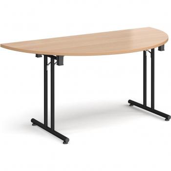 Fold-Down Semi-Circular Table with Straight Foot Rails – Black Legs, 1.6m × 0.8m, Beech
