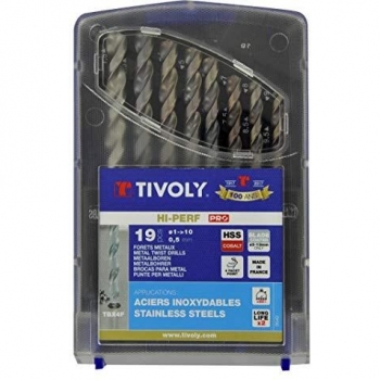 Coffret de 19 forets HSS T2X de 1 à 10 mm, type E avec queue cylindrique TBX 4F, marque Tivoly