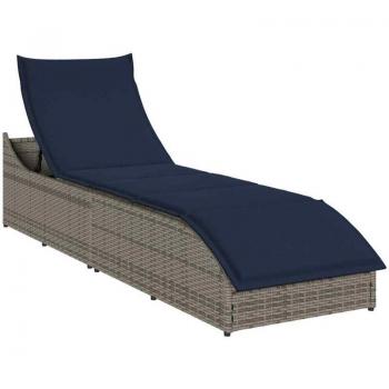 Chaise longue d’été pliante, couleur grise, structure en résine tressée, coussin + compartiment