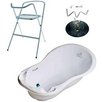 Baignoire bébé thermométrique Blanc Lapin 86 cm, pied inclus, tuyau fourni