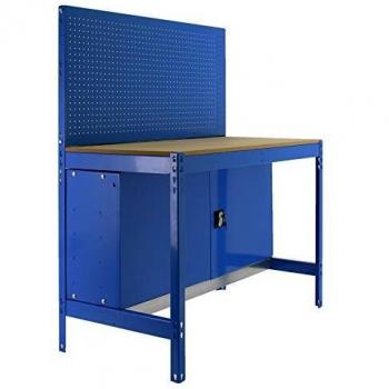 Banco de Trabajo SimonRack BT2, Capacidad de Carga 400 kg, Dimensiones 1445x910x610 mm, Mesa de Trabajo con Armario y Panel para Herramientas, Color Azul/Madera