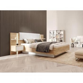 Luce Intima 160x200 cm Letto con Comodini LED, Naturale e Bianco – Rete a Doghe + Materasso Elynia