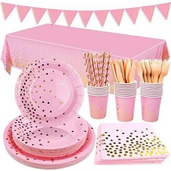 SPLAKS Kit Vaisselle 24 Invités 170 PCS – Assiettes à Dessert Rose Gold avec Gobelets et Serviettes